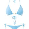 Light blue bikini set with triangle top and matching bottoms, tied at neck, back, and sides, on a white background.