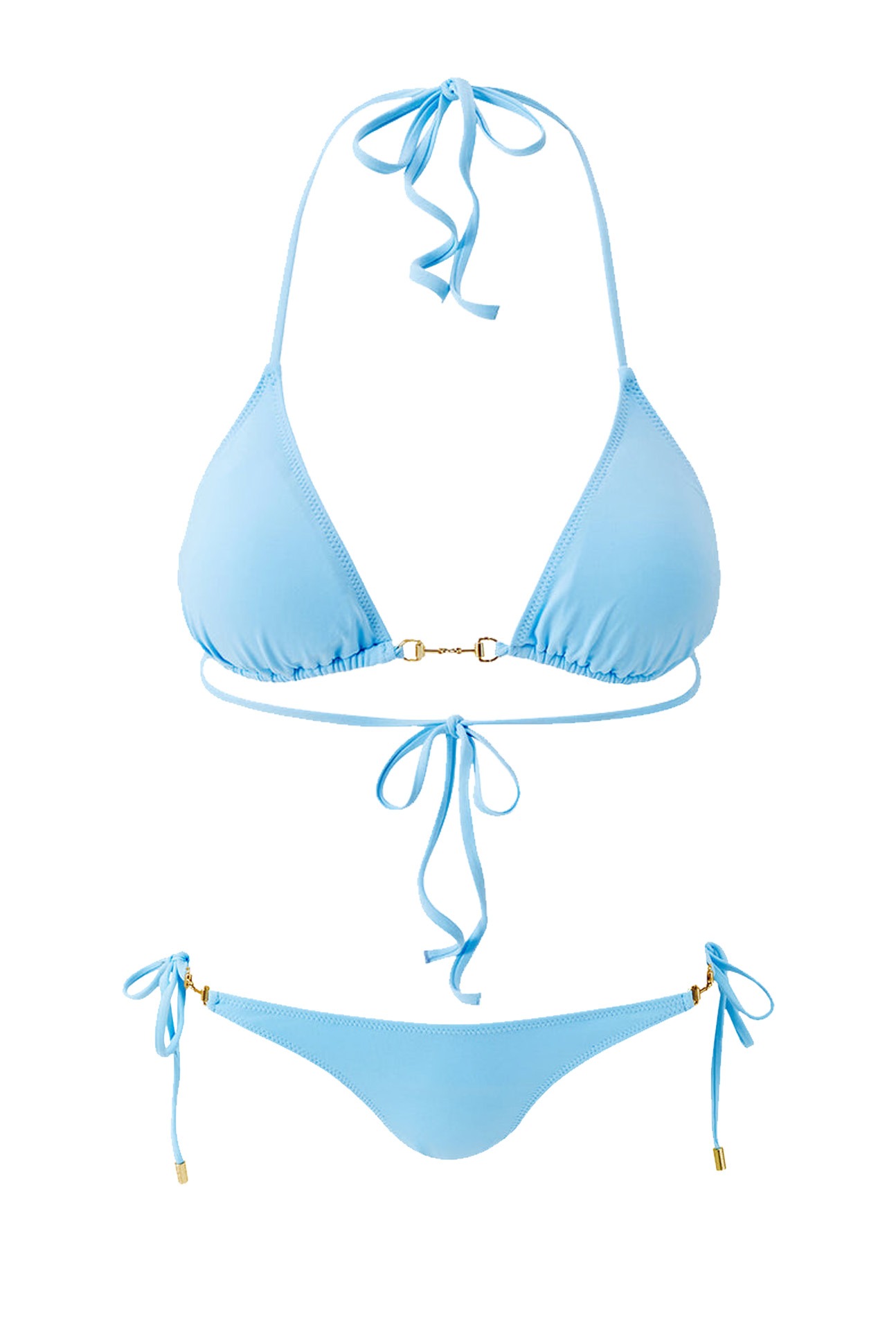Light blue bikini set with triangle top and matching bottoms, tied at neck, back, and sides, on a white background.