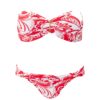 Red and white patterned bikini top and matching bottom with gold clasps, isolated on white background, product shot