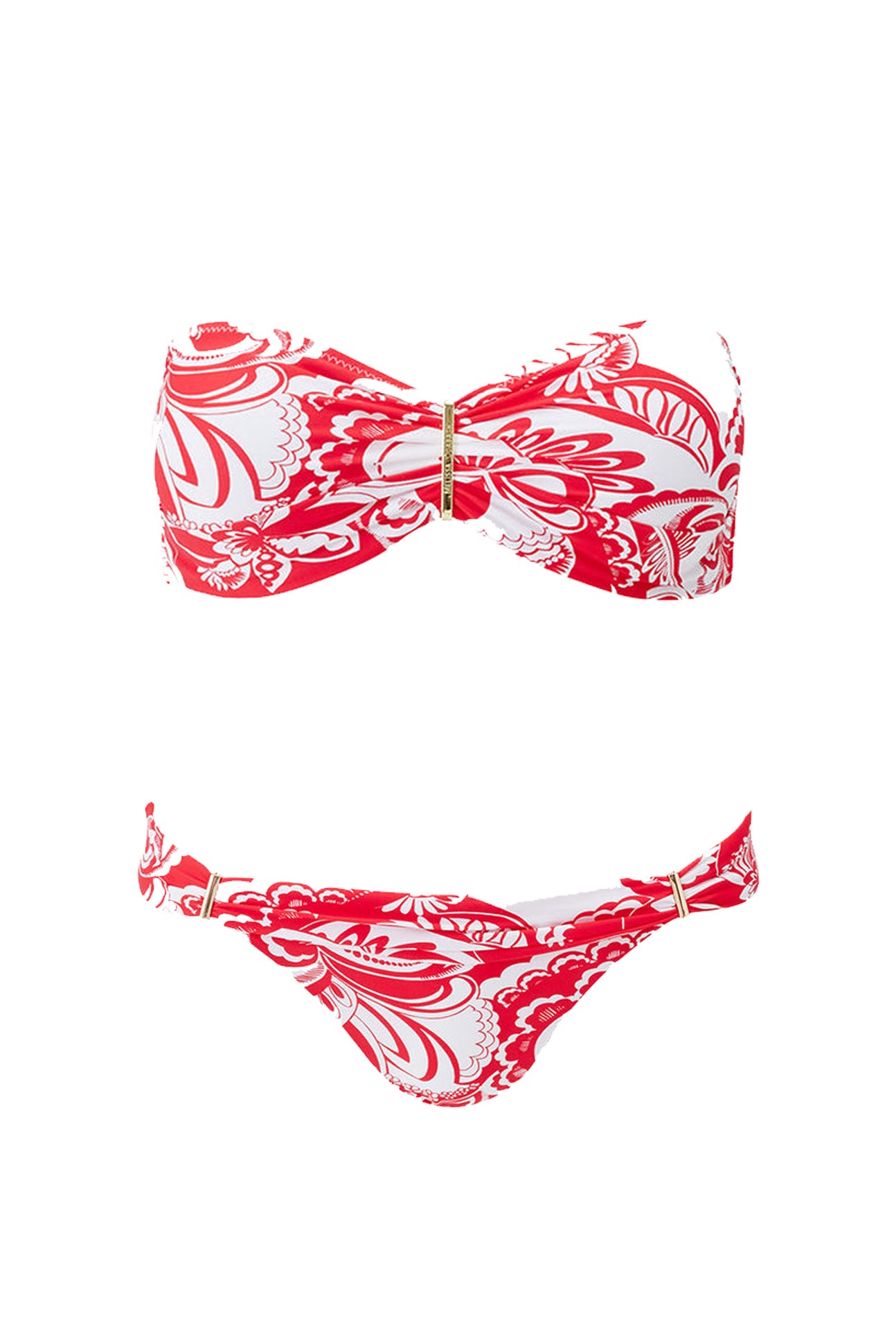 Red and white patterned bikini top and matching bottom with gold clasps, isolated on white background, product shot