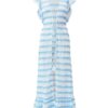 Maxi dress with blue and white zigzag stripes, a drawstring waist, and a ruffled hem.