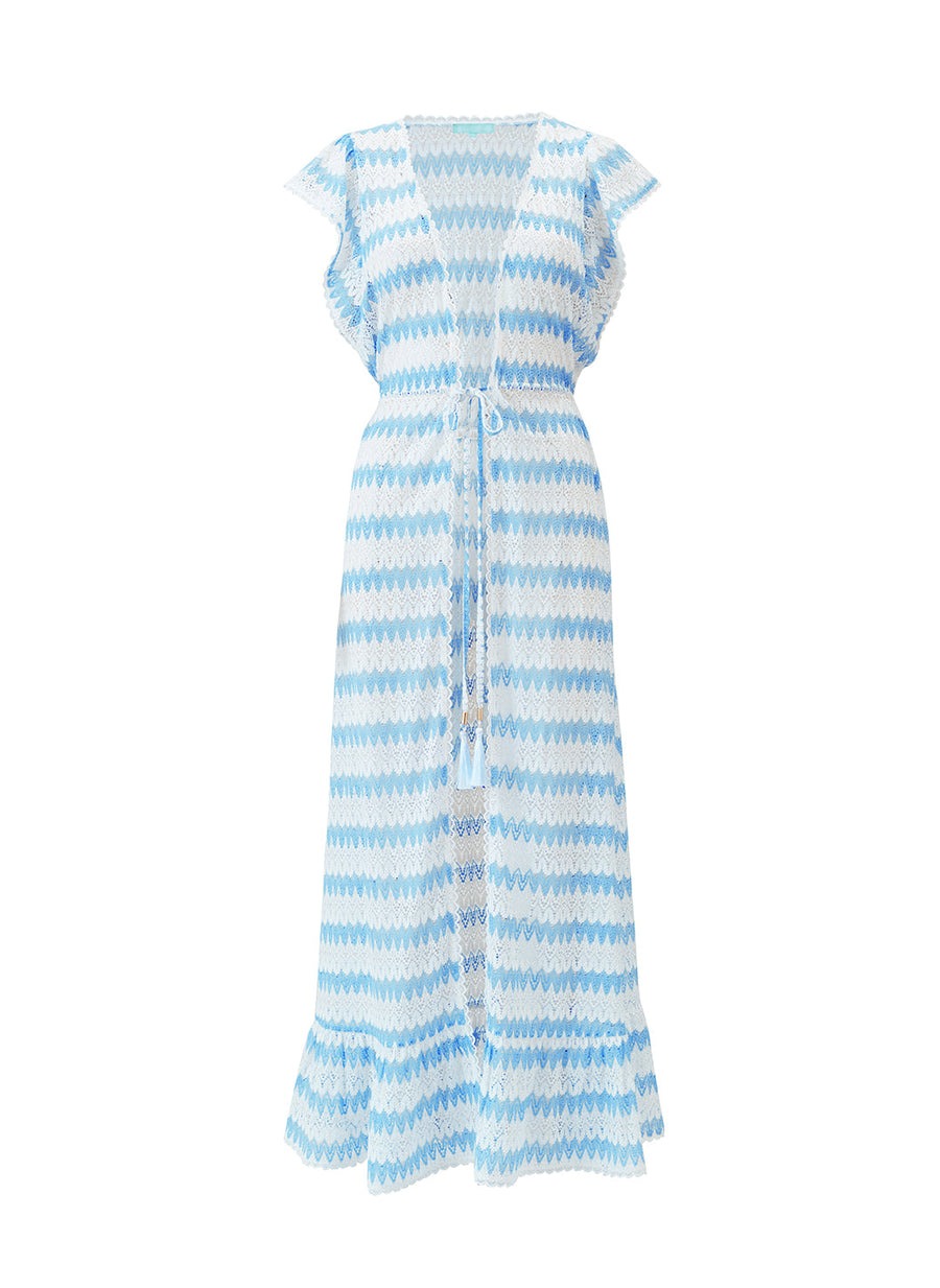 Maxi dress with blue and white zigzag stripes, a drawstring waist, and a ruffled hem.