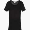 Black ribbed knit top with short sleeves and a crew neckline on a white background, form-fitting silhouette.
