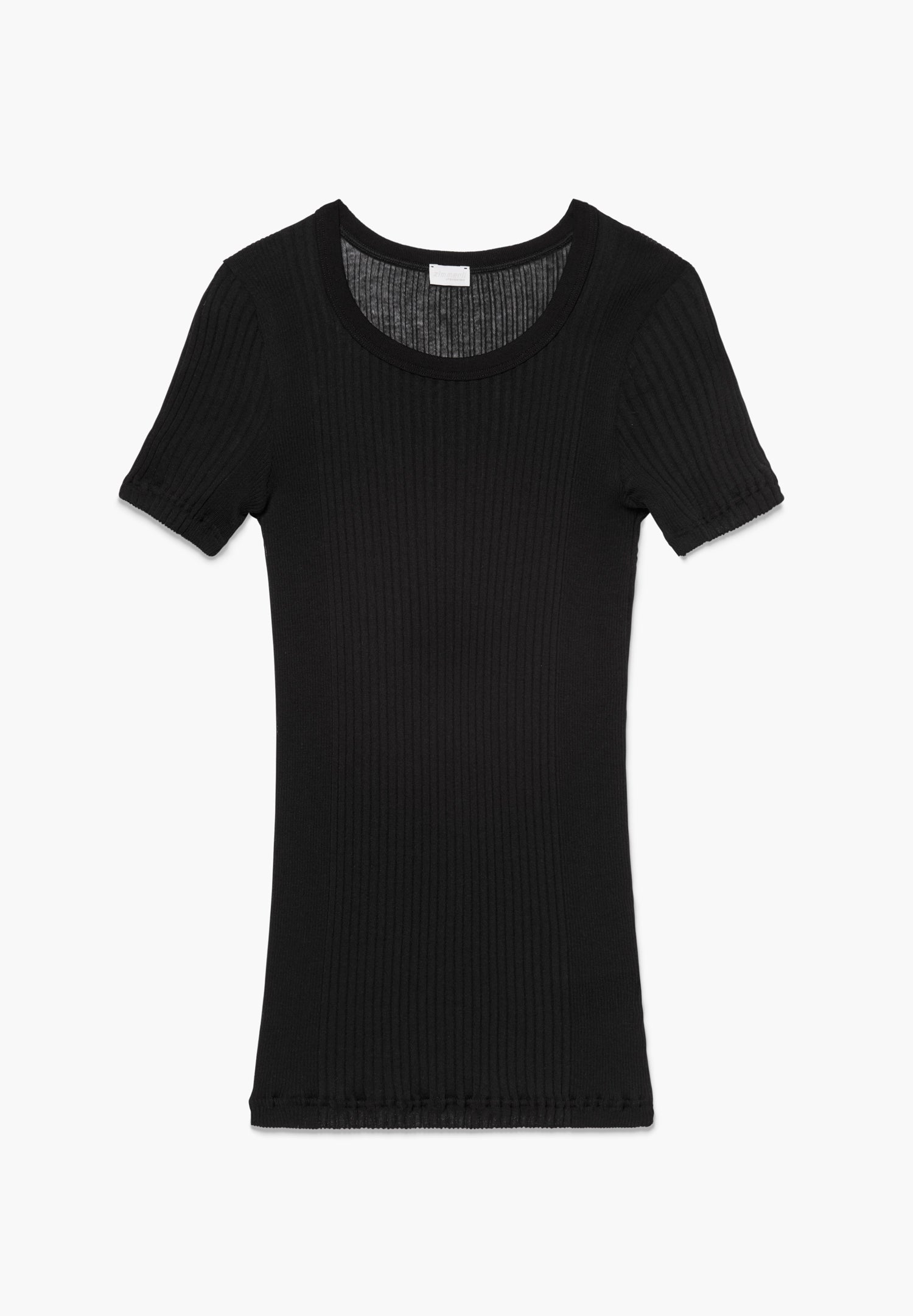 Black ribbed knit top with short sleeves and a crew neckline on a white background, form-fitting silhouette.