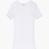 White ribbed short-sleeve knit top shown from the chest up, lightweight and fitted.