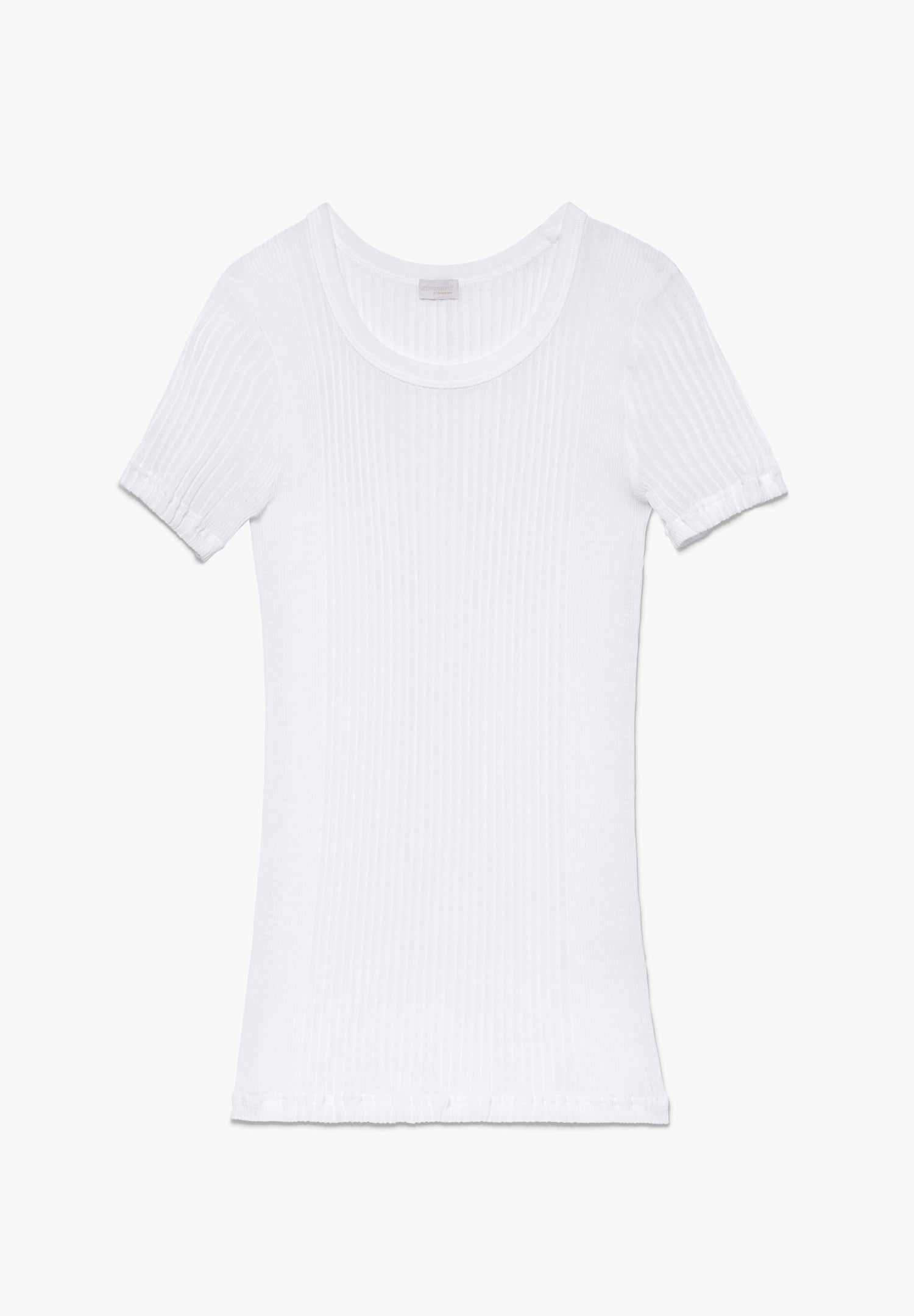 White ribbed short-sleeve knit top shown from the chest up, lightweight and fitted.