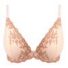 Peach-colored lace bra with floral embroidery, shown from the front.