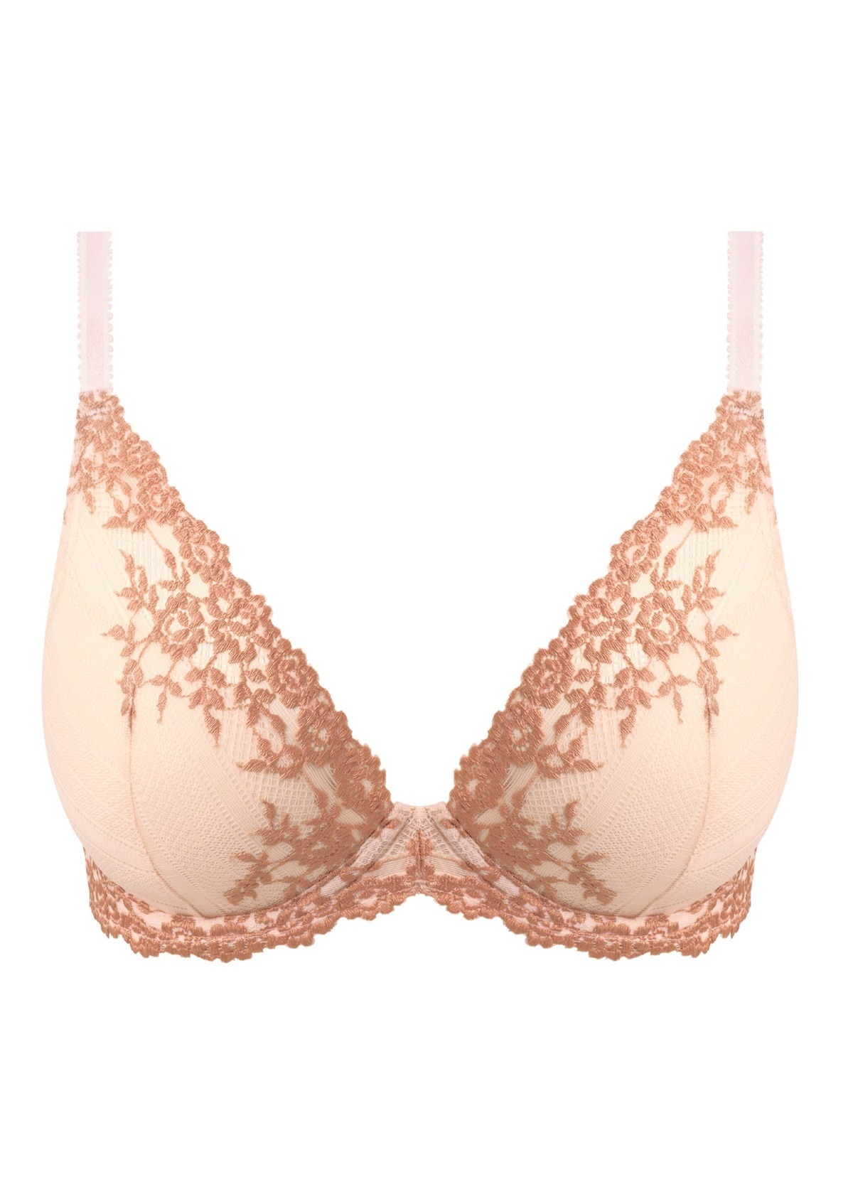 Peach-colored lace bra with floral embroidery, shown from the front.