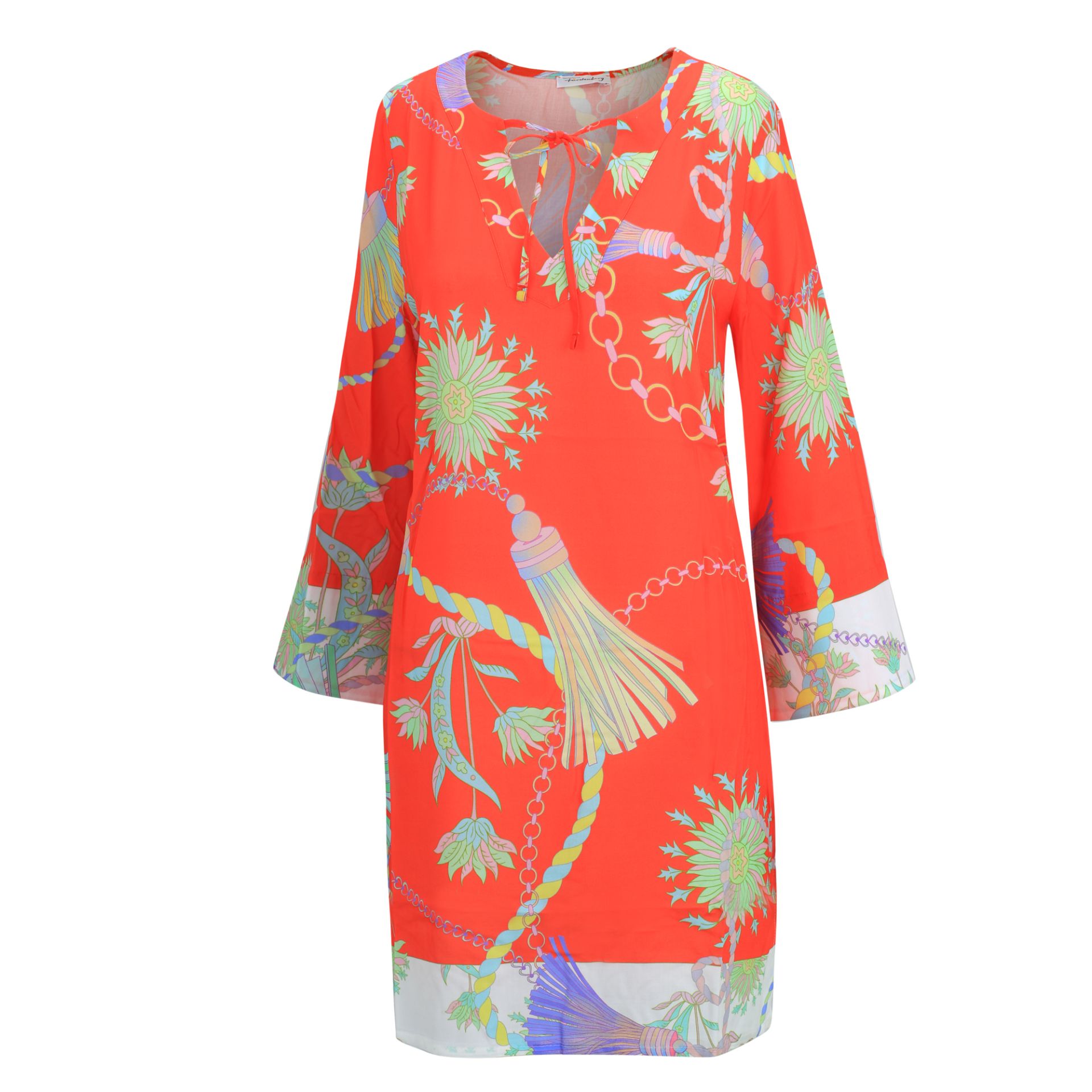 Red long-sleeve dress with a vivid tropical print of chains, leaves, and flowers in green, blue, and yellow hues