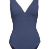 Blue one-piece swimsuit with a deep V-neck and ruched waist detailing at the midsection.