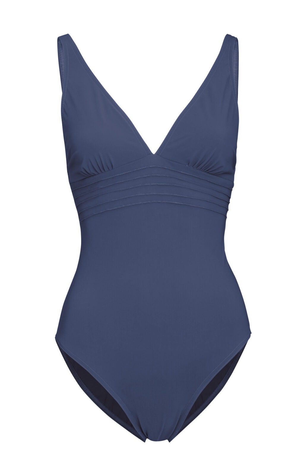 Blue one-piece swimsuit with a deep V-neck and ruched waist detailing at the midsection.