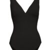 Black one‑piece swimsuit with a deep V-neck and ruched waist for a flattering silhouette
