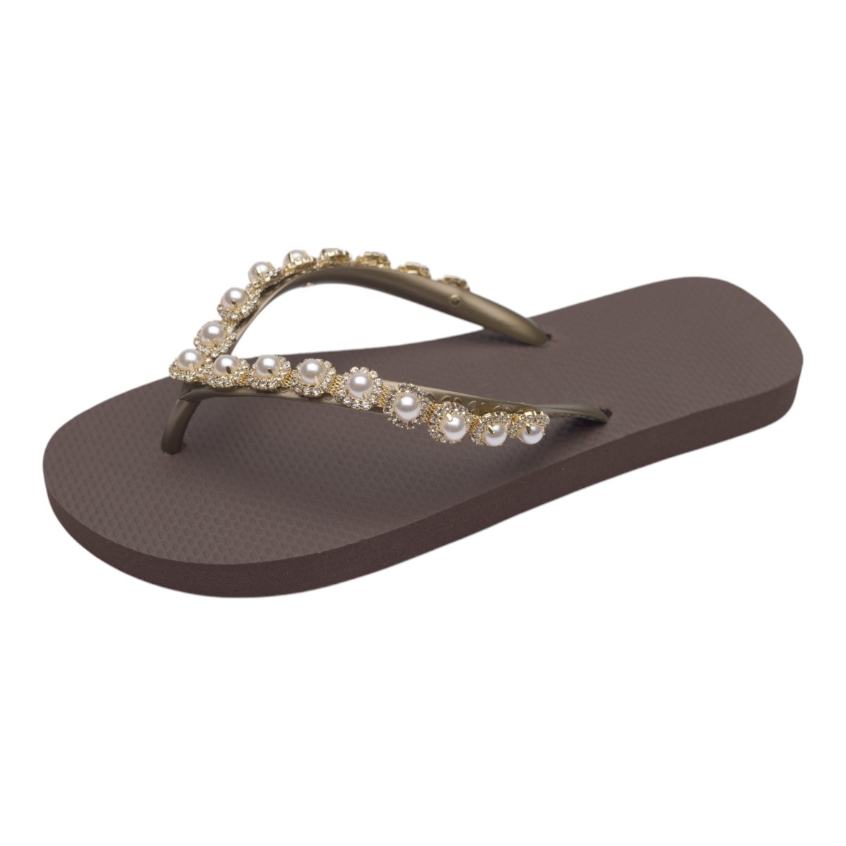 Brown flip-flop sandal with a jeweled strap featuring pearls and gold-toned beads.