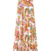 Long white skirt with a vibrant multicolored paisley and floral print, flowing to the ankles.