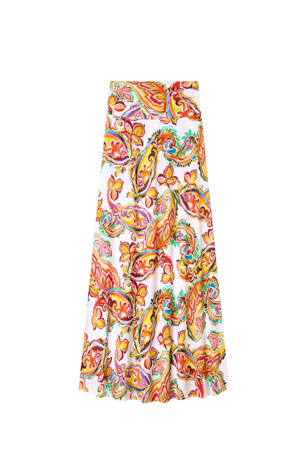 Long white skirt with a vibrant multicolored paisley and floral print, flowing to the ankles.