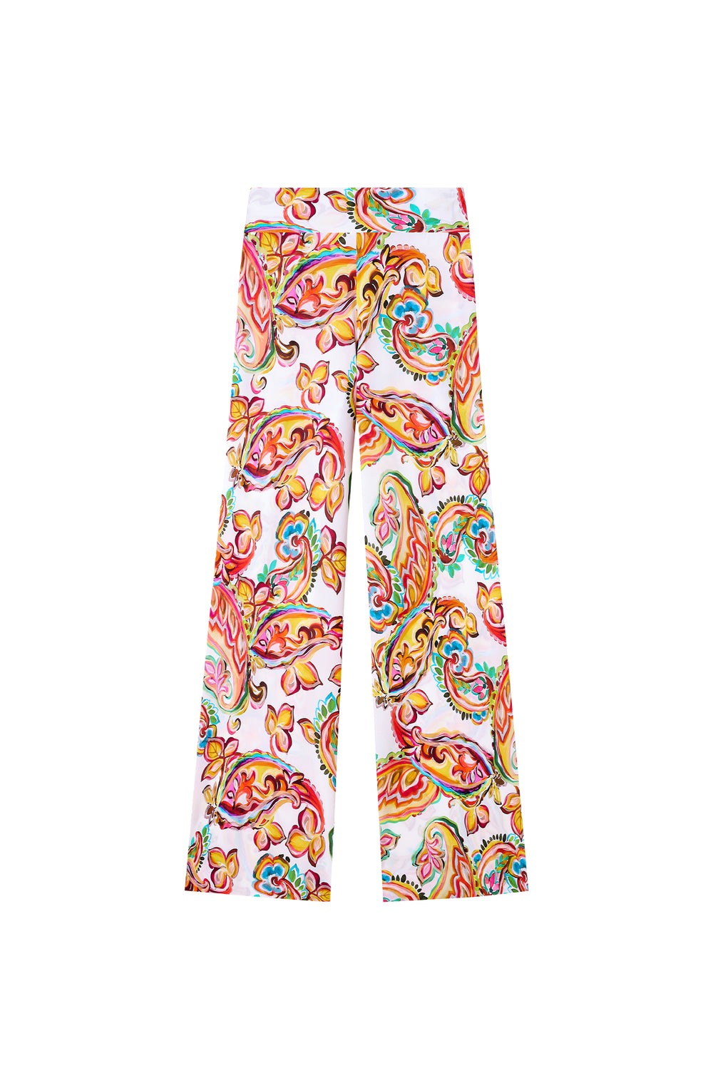 White wide-leg pants with a bright multicolor paisley and floral print on a white background.