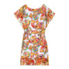 Knee-length wrap dress with a bright, multicolored floral-paisley print and tied waist, featuring flutter sleeves.