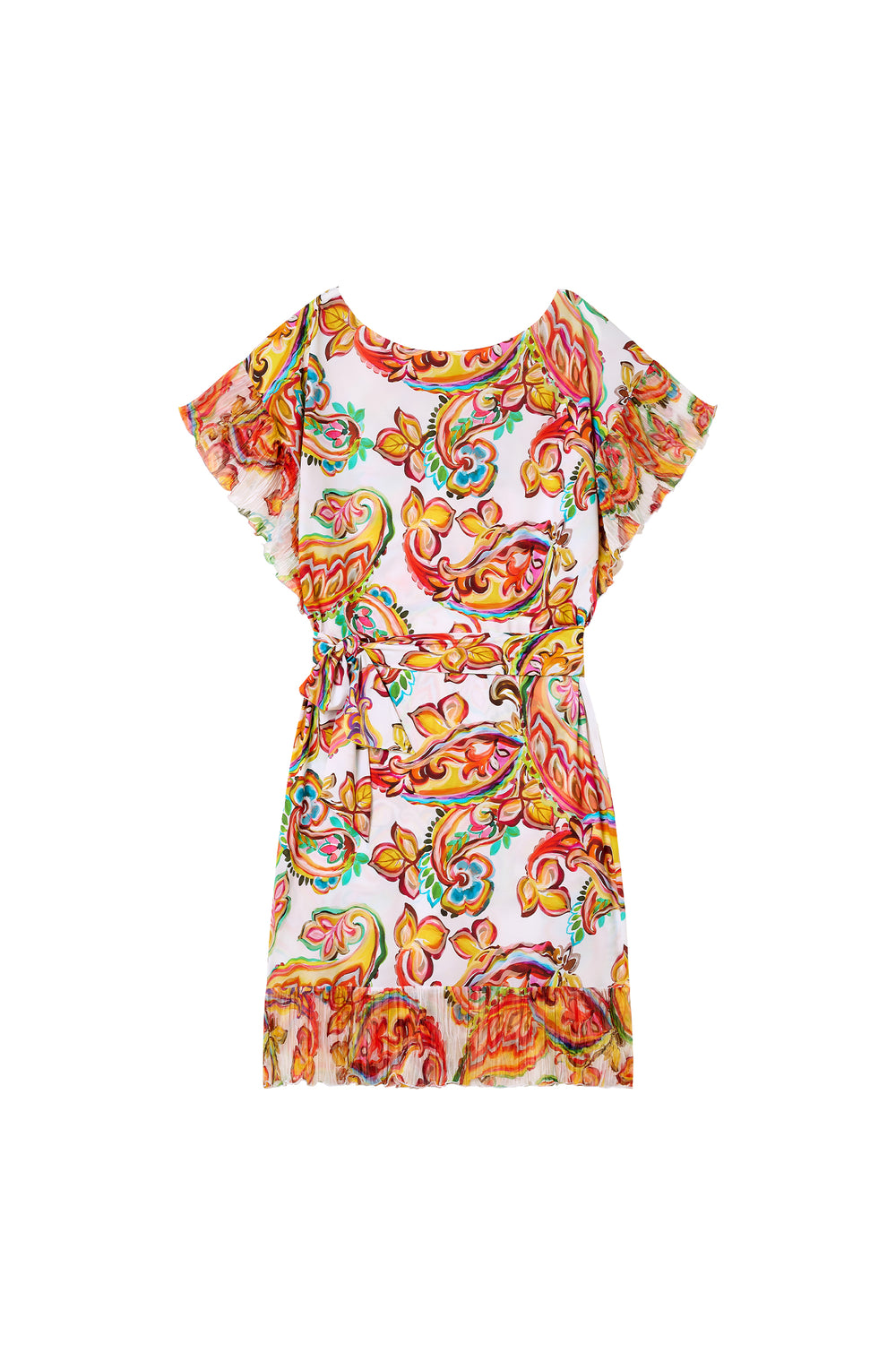 Knee-length wrap dress with a bright, multicolored floral-paisley print and tied waist, featuring flutter sleeves.