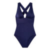 Navy blue one-piece swimsuit with ruched cups and crisscross back straps against a white background.