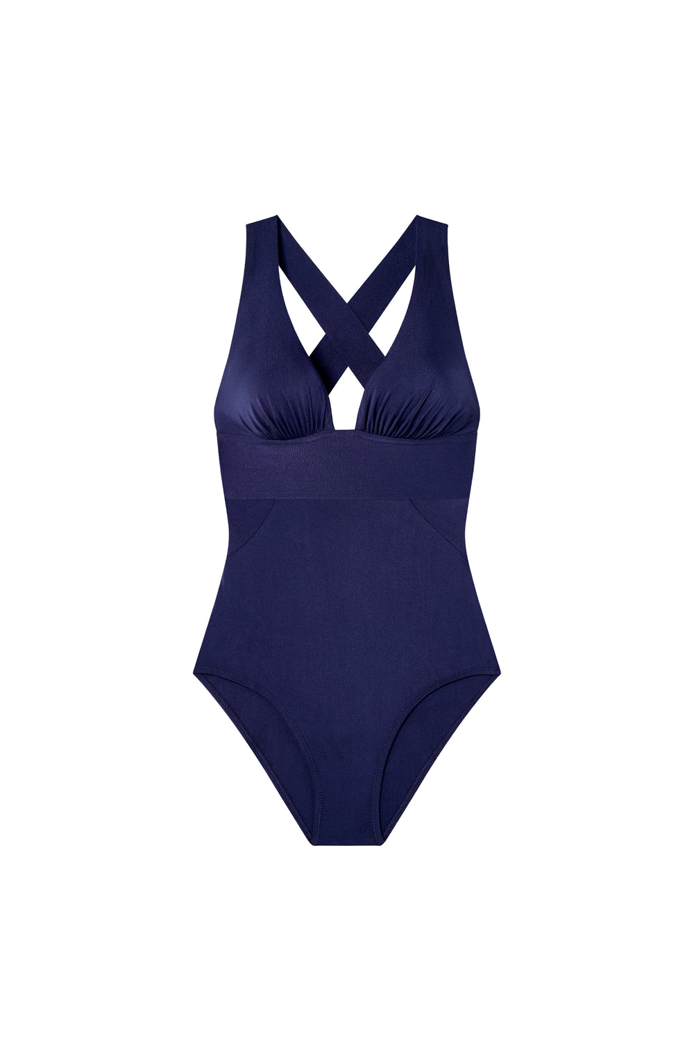 Navy blue one-piece swimsuit with ruched cups and crisscross back straps against a white background.