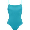Turquoise one-piece swimsuit with thin shoulder straps, front view on a plain background.