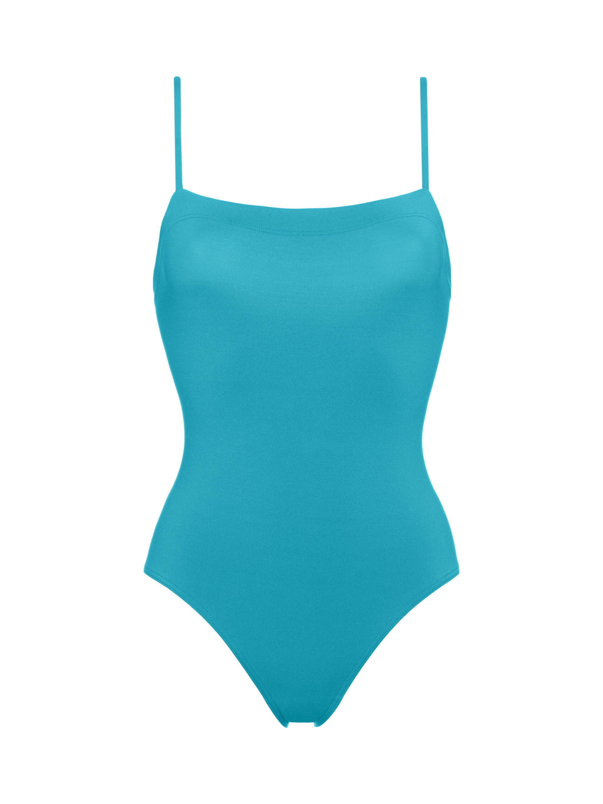 Turquoise one-piece swimsuit with thin shoulder straps, front view on a plain background.