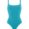 Turquoise one-piece swimsuit with wide straps, shown from chest to hips on a white background (front view).