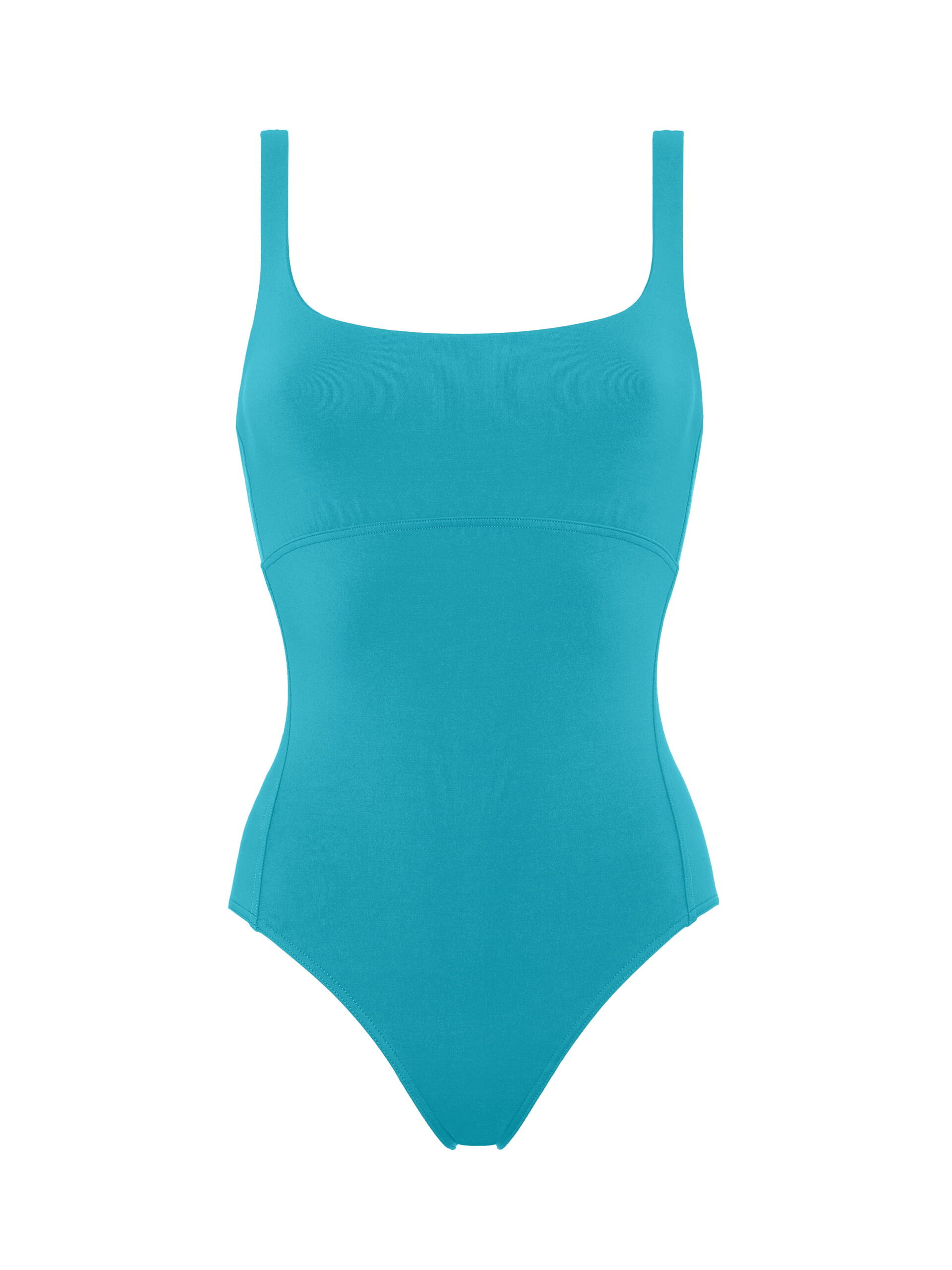 Turquoise one-piece swimsuit with wide straps, shown from chest to hips on a white background (front view).