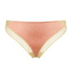 Pink satin bikini-style underwear with cream lace trim and scalloped edges lying flat on a white background