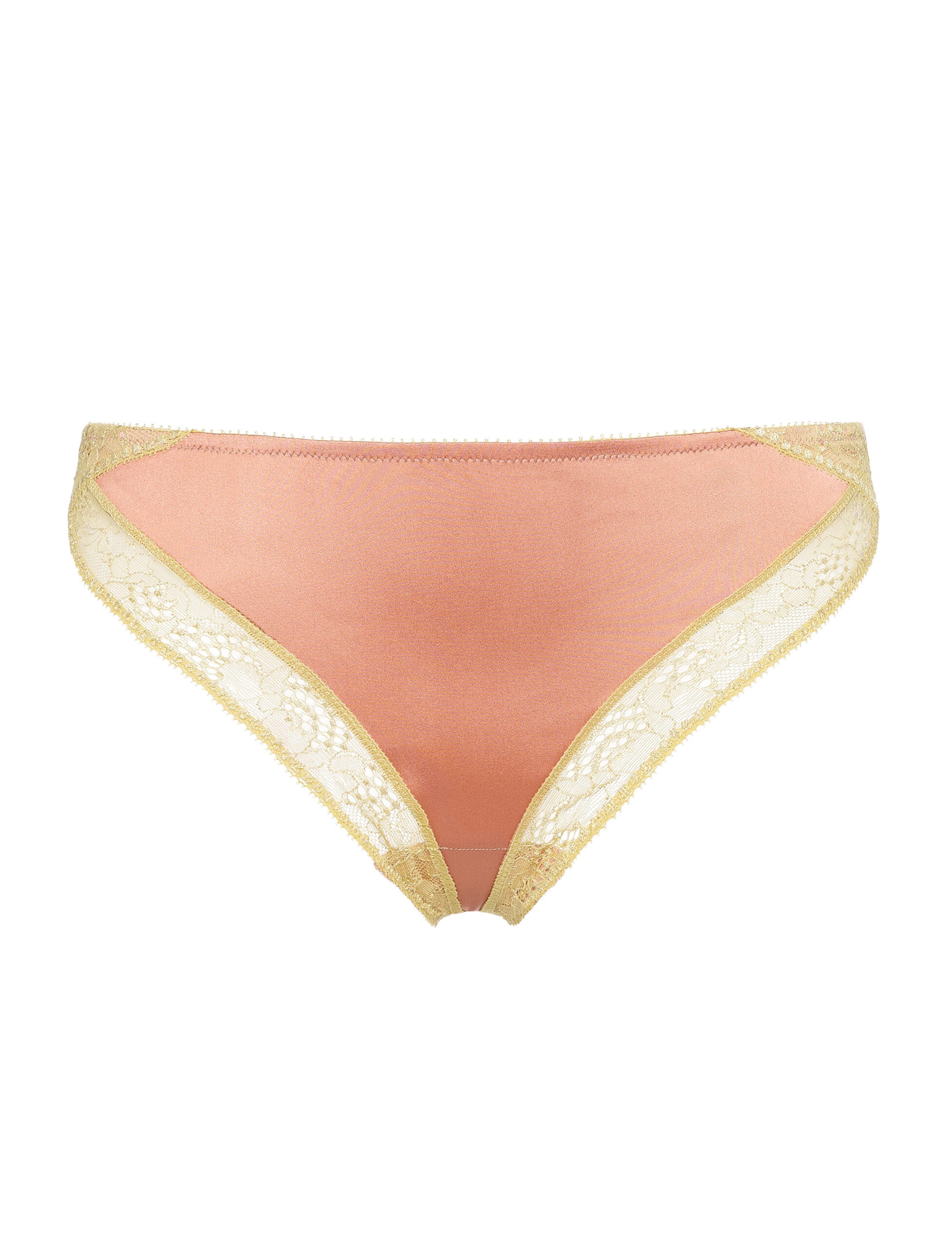 Pink satin bikini-style underwear with cream lace trim and scalloped edges lying flat on a white background