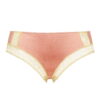 Pink satin bikini panties with cream lace trim along the edges, centered image.