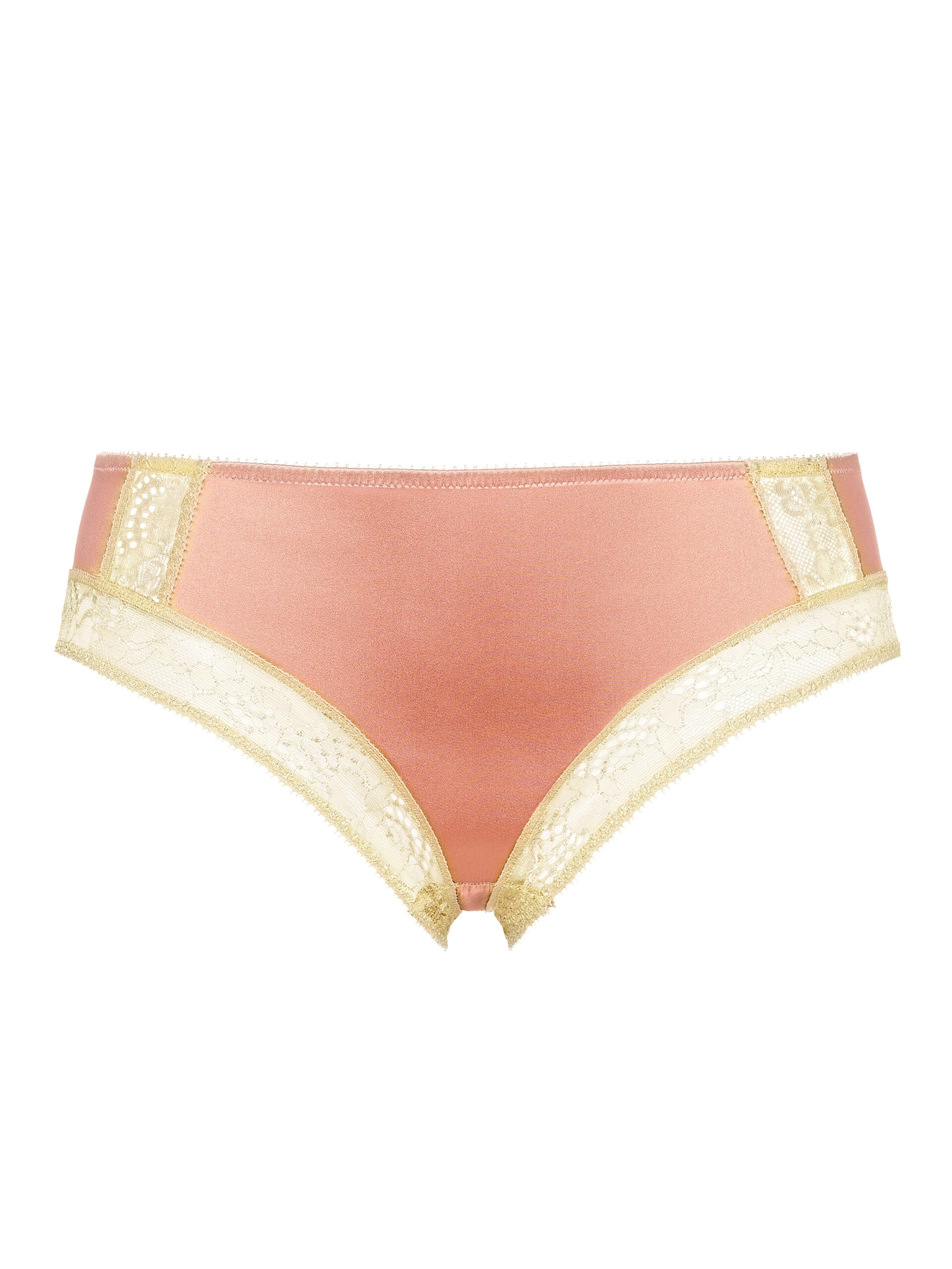 Pink satin bikini panties with cream lace trim along the edges, centered image.