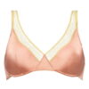 Pink satin bra with cream lace trim and gold edging, close-up of cups.