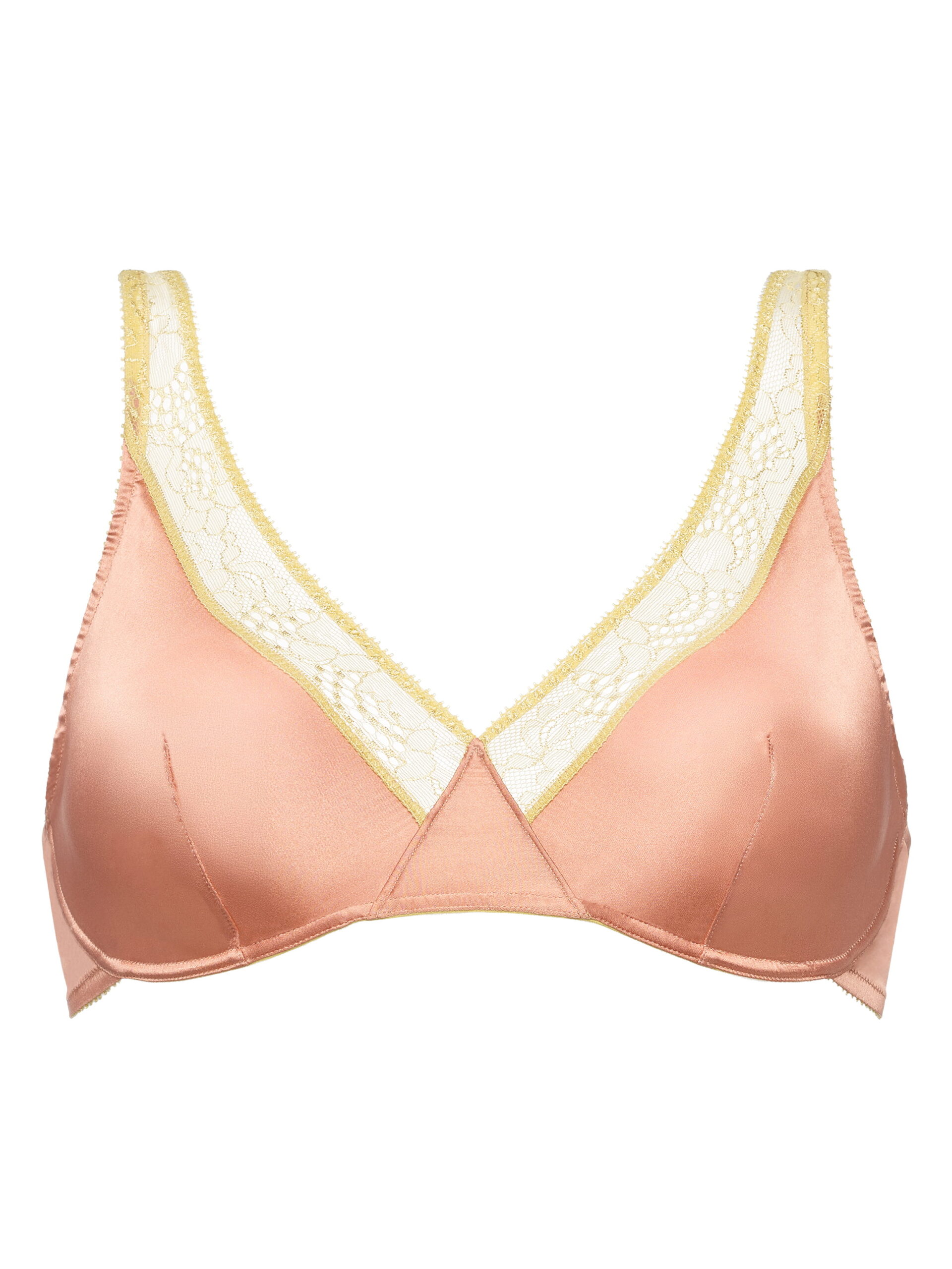 Pink satin bra with cream lace trim and gold edging, close-up of cups.