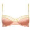 Pink satin bra with yellow lace trim and adjustable straps, product shot.