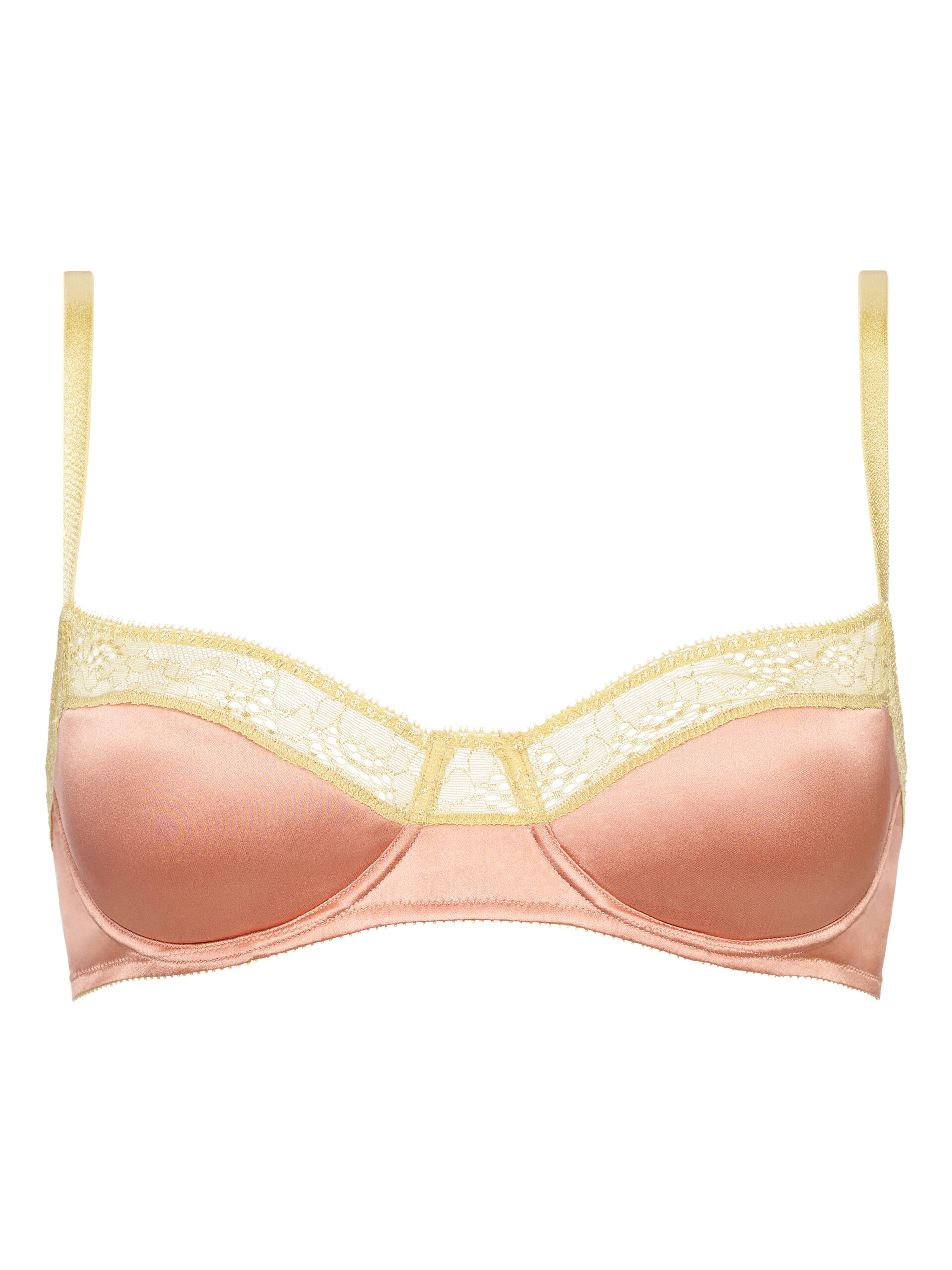 Pink satin bra with yellow lace trim and adjustable straps, product shot.