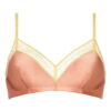 Pink satin bra with gold lace trim and adjustable straps, close-up view of the cups and center seam.