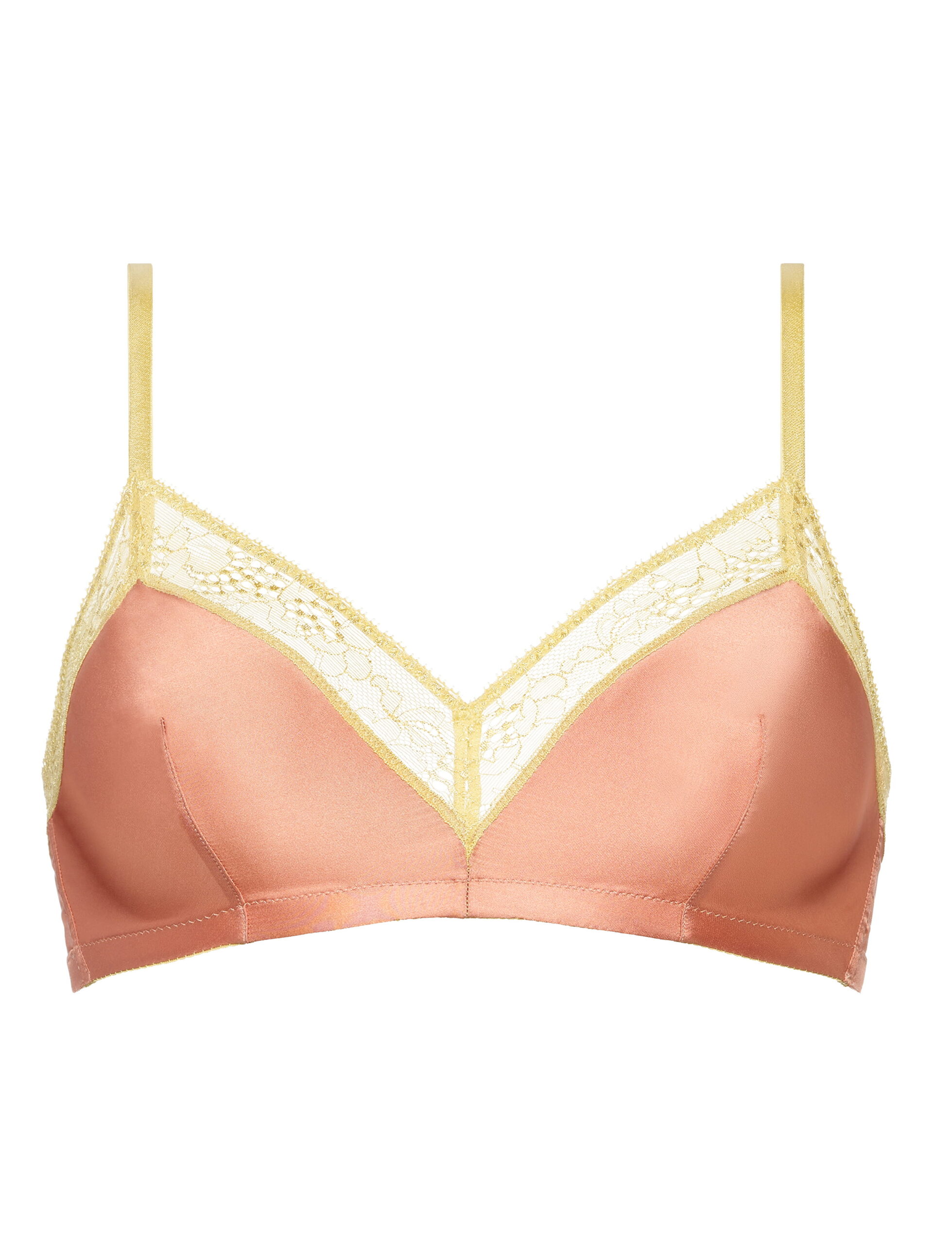 Pink satin bra with gold lace trim and adjustable straps, close-up view of the cups and center seam.