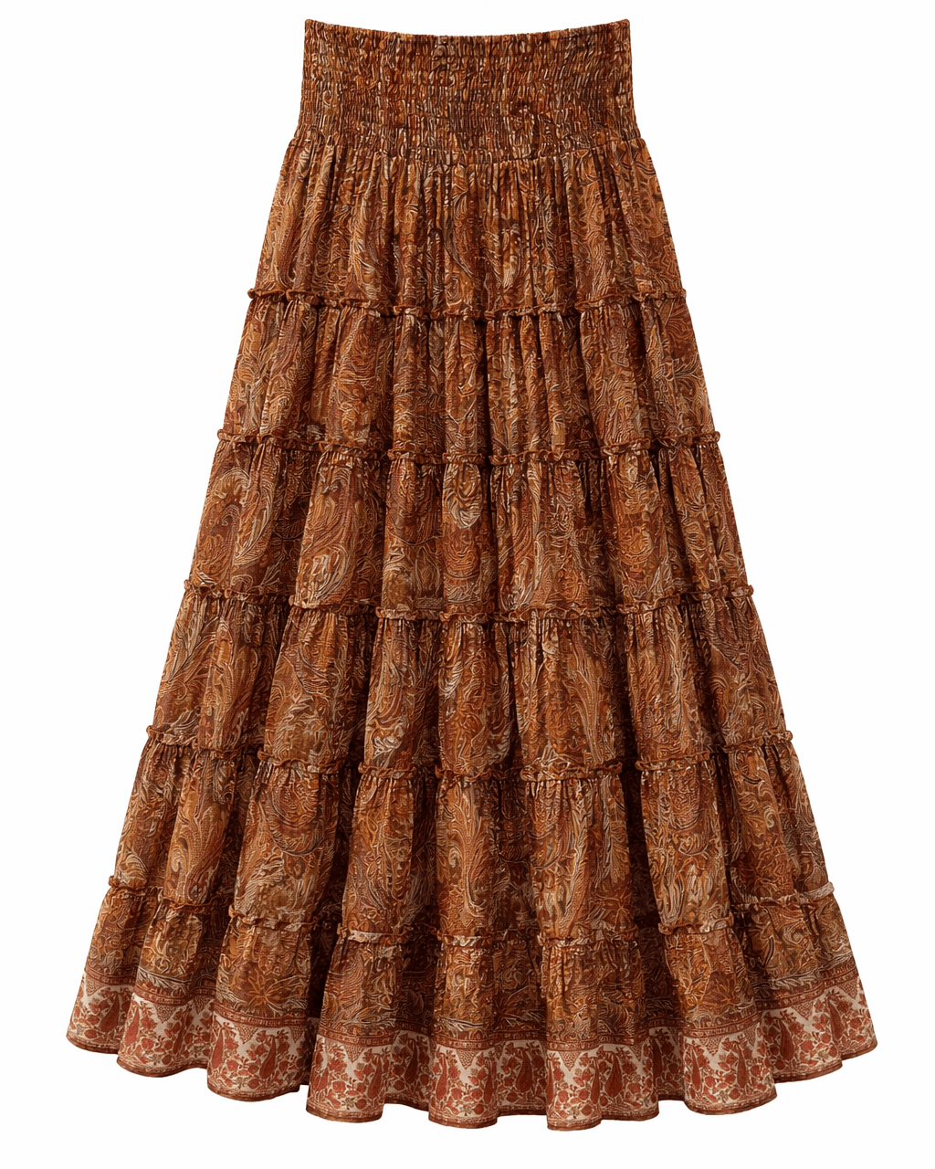 Brown tiered maxi skirt with a smocked waist and paisley pattern, voluminous and flowing.