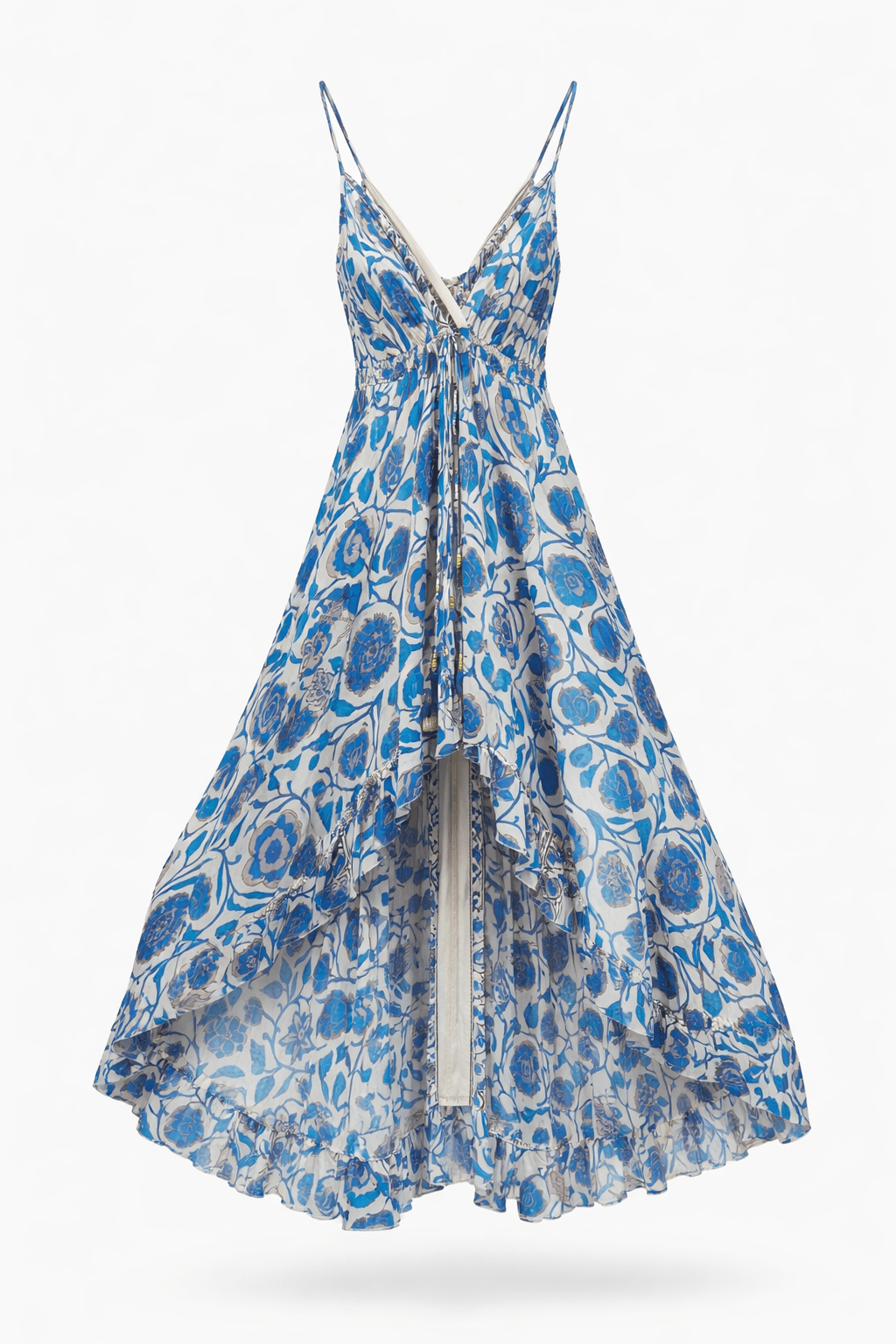 Blue and white floral maxi dress with thin straps and layered ruffled hem against a white background.