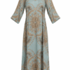 Maxi dress in pale blue with beige damask pattern, V-neck, three-quarter sleeves, flowing floor-length.