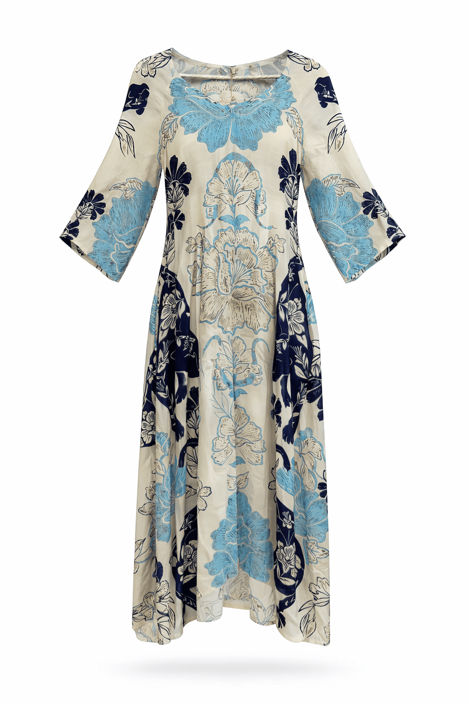 Cream maxi dress with a bold blue floral print and three-quarter sleeves, flowing silhouette.