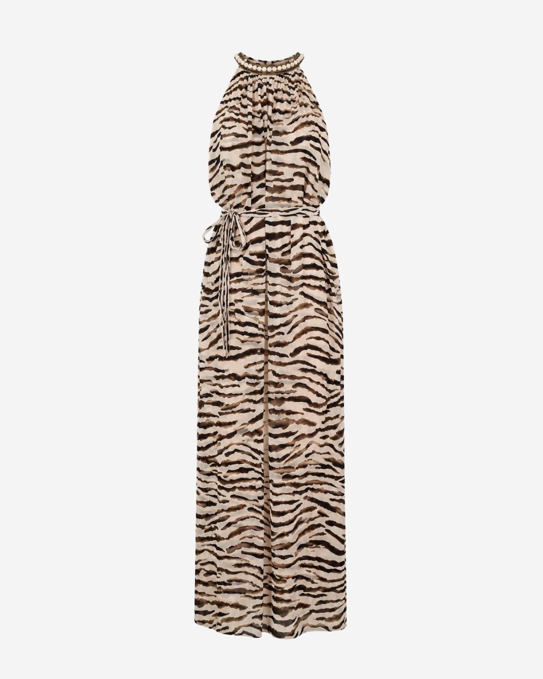 Tiger-print halter-neck maxi dress with a self-tabric belt at the waist and a gathered neckline, full-length flowing silhouette.