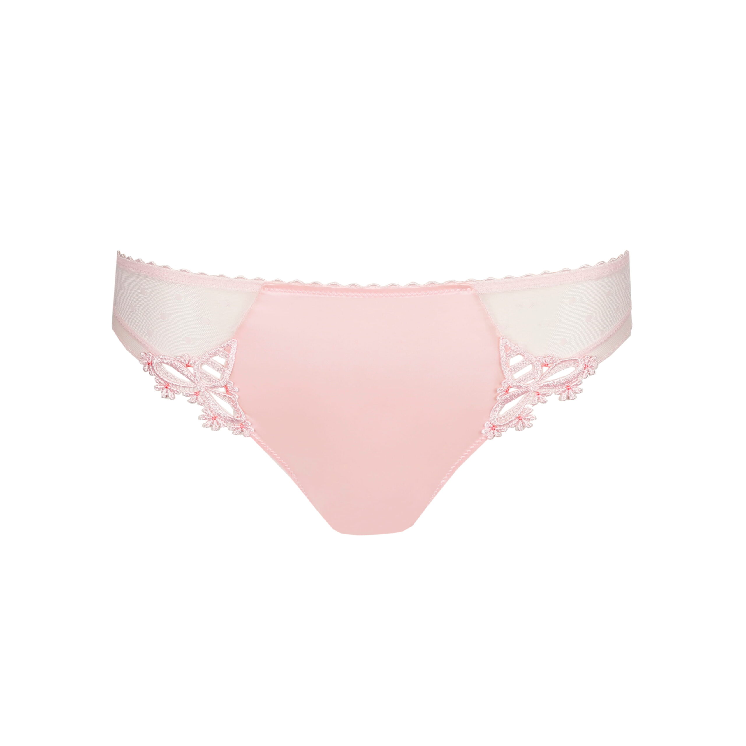 Pink lace-trimmed panties with sheer pink fabric and scalloped edges, close-up view