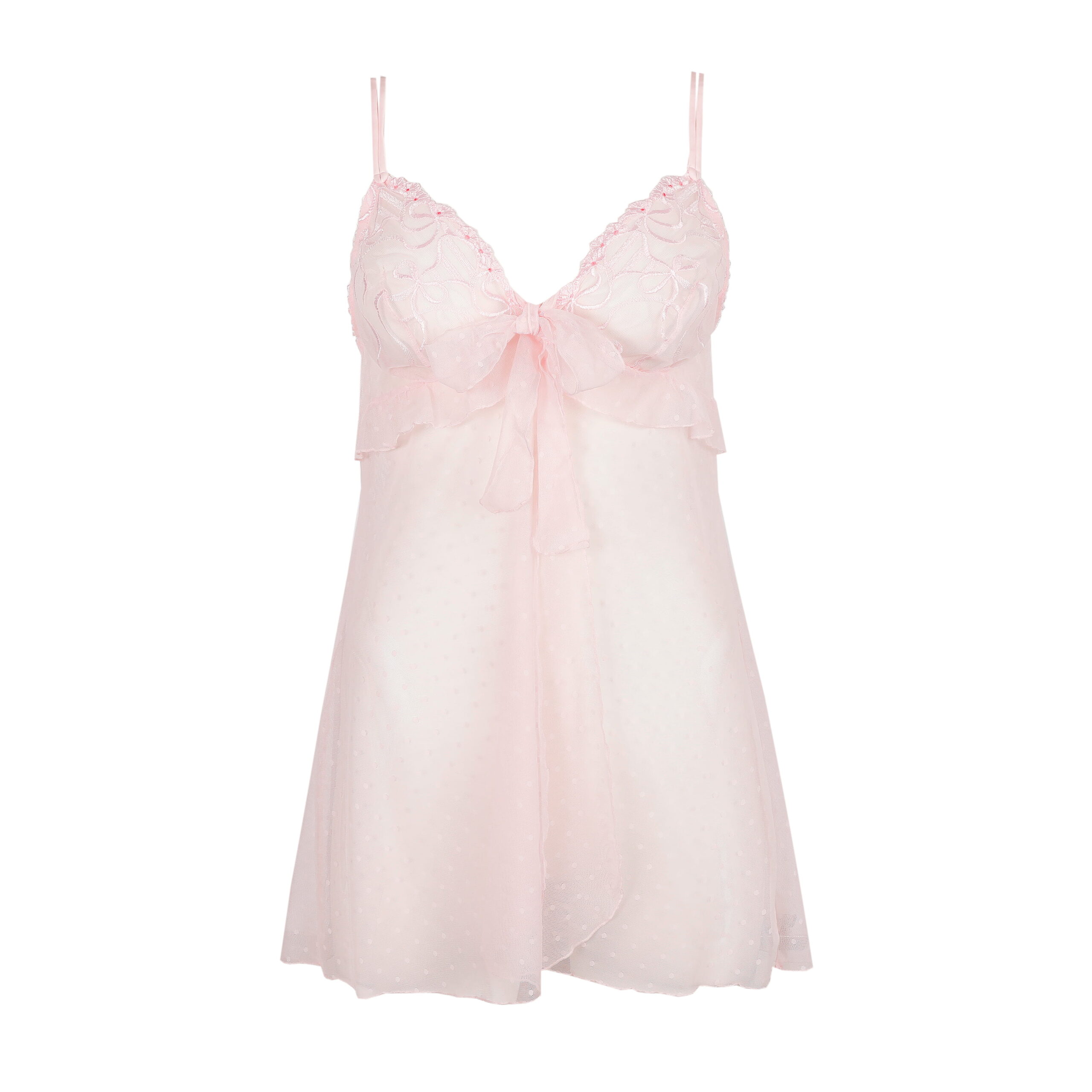 Soft pink lace lingerie top with adjustable straps and a central bow at the bust area.