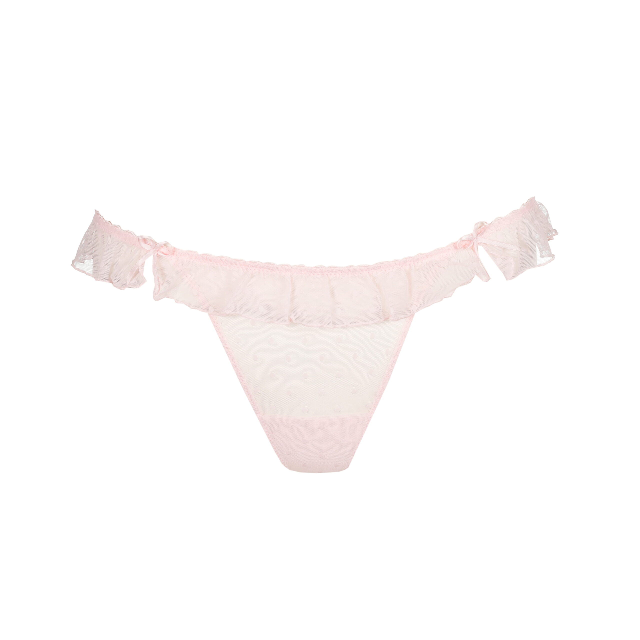 Light pink ruffled bikini bottom with sheer mesh and dotted texture on a white background