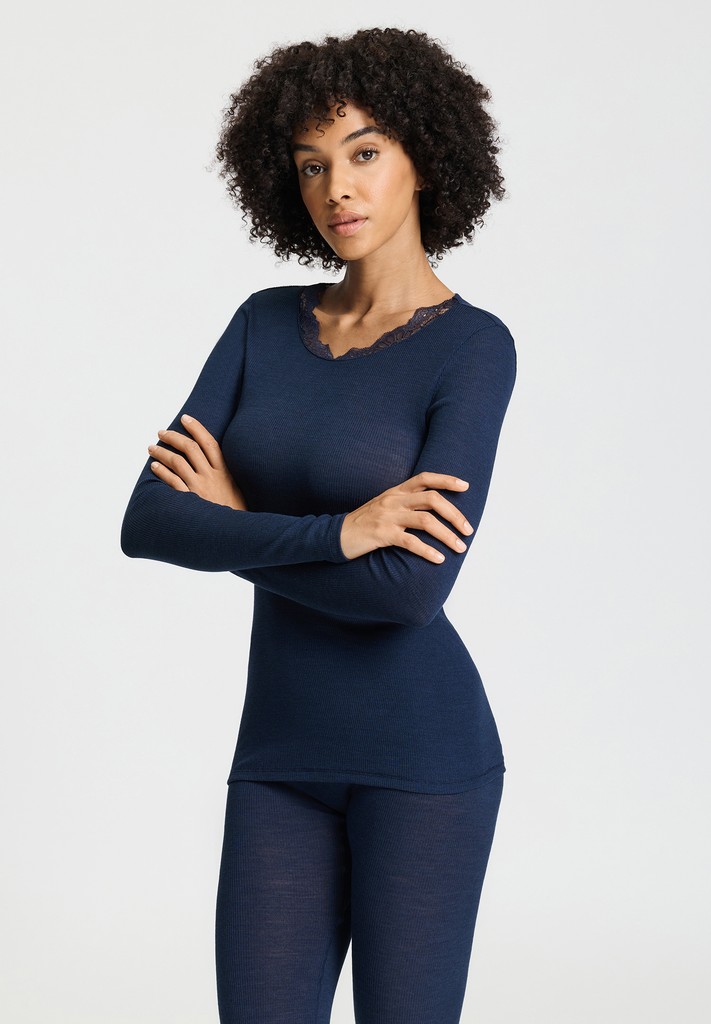Hanro Shirt Woolen Lace deep navy